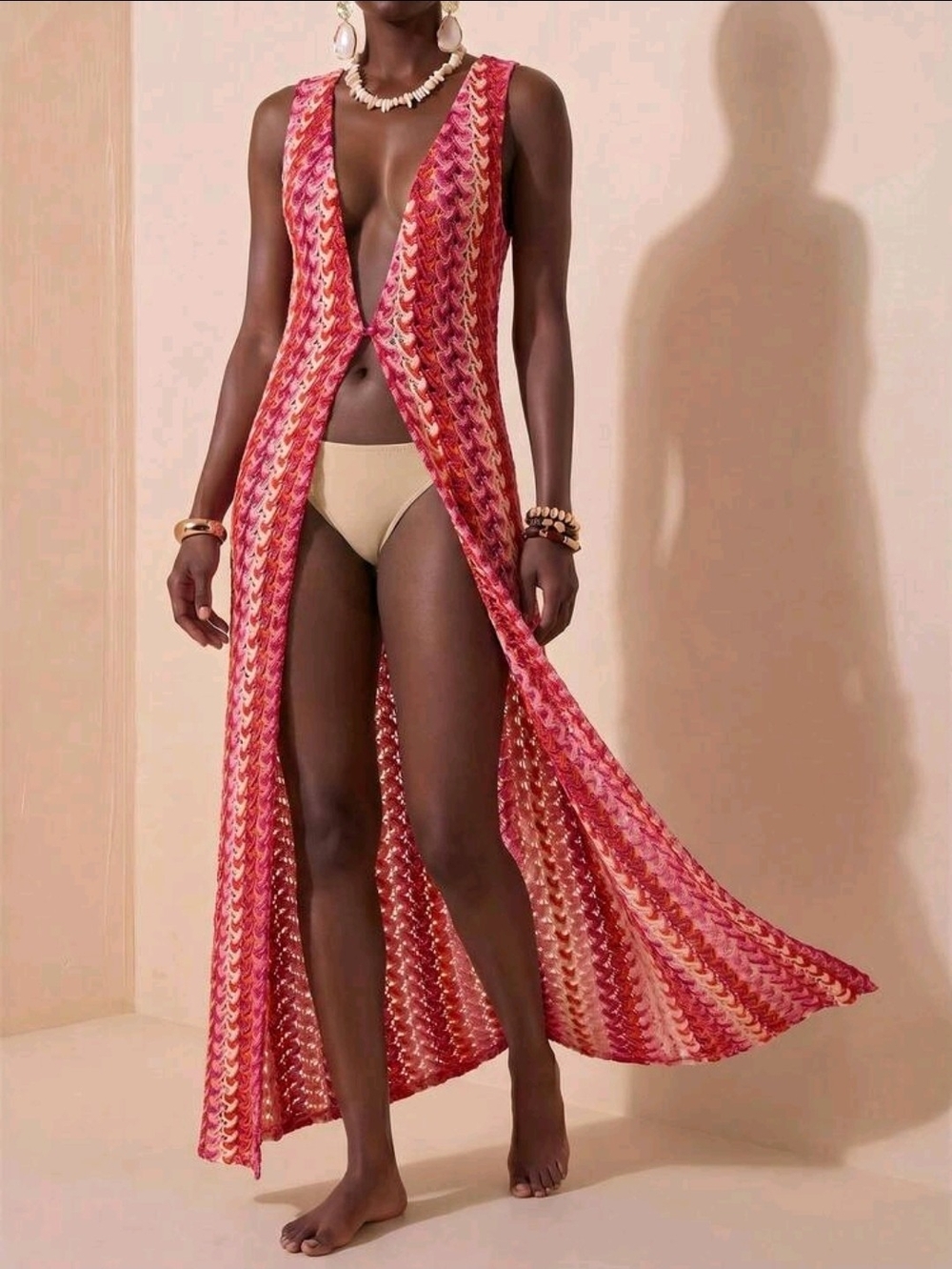 Zivah Semi-Sheer Hollow Out Striped Knit Jacquard Sleeveless Long Robe Cover Up